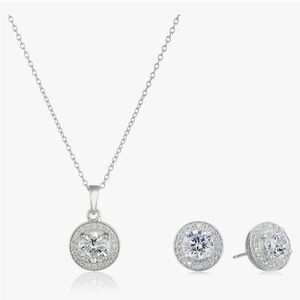 Sterling Silver Cubic Zirconia Halo Pendant Necklace and Stud Earrings Set